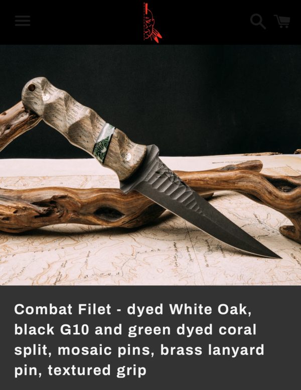 Half Face Blades Combat Filet, Dyed White Oak/Black G10 and Green Dyed Coral Split, Mosaic Pins - Image 10