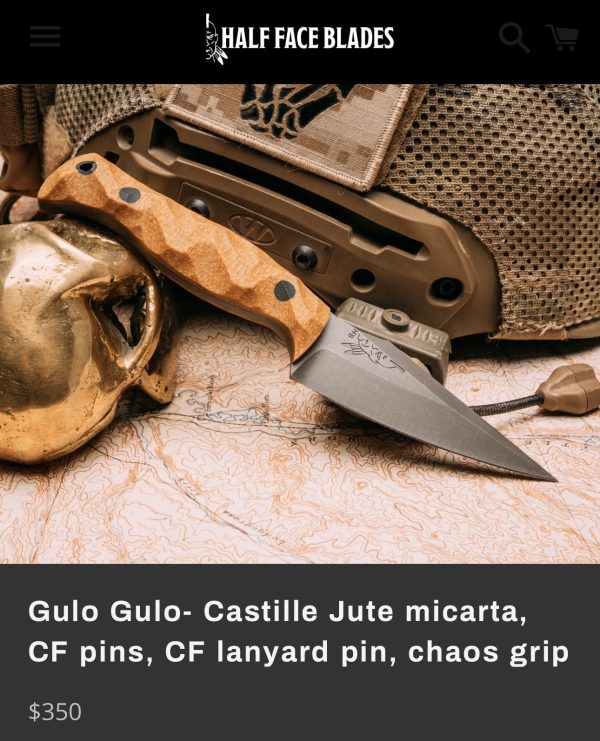 Half Face Blades Gulo Gulo, Castille Jute Micarta, carbon fiber pins, Chaos grip - Image 9