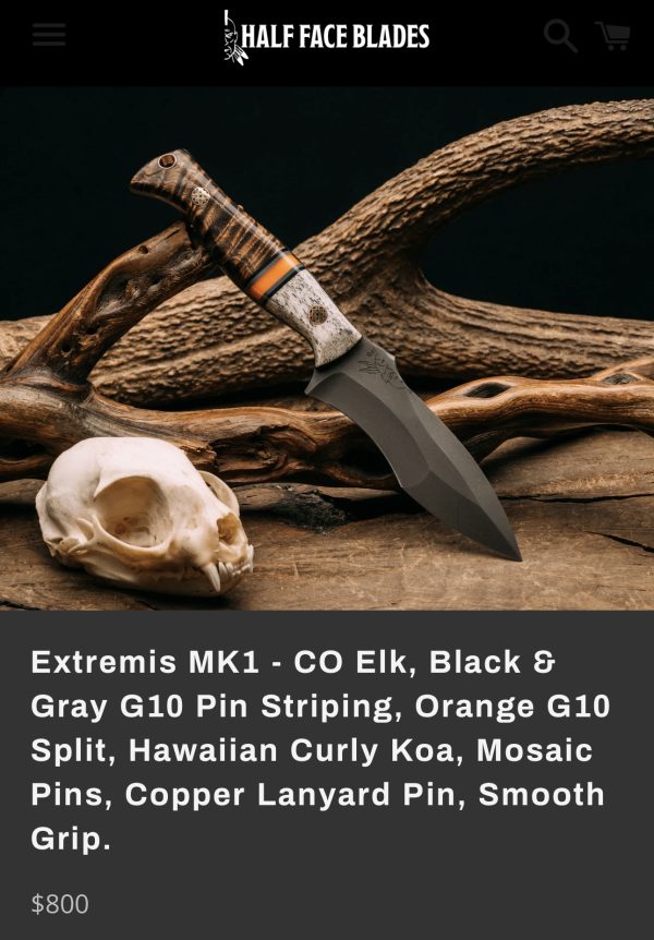 Half Face Blades Extremis MK1, Colorado Elk, Black & Gray G10 Pin Striping, Orange G10 Split, Hawaiian Curly Koa - Image 11