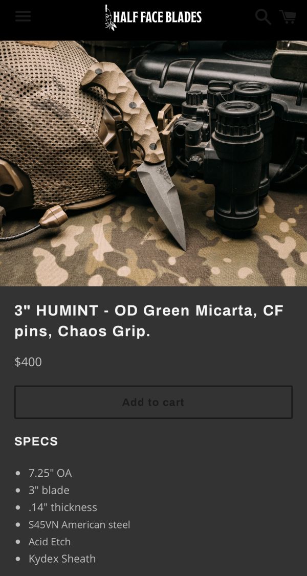 Half Face Blades Humint 3", OD green micarta, carbon fiber pins, Chaos grip - Image 9