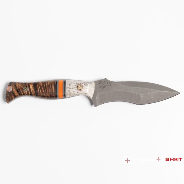 Half Face Blades Extremis MK1, Colorado Elk, Black & Gray G10 Pin Striping, Orange G10 Split, Hawaiian Curly Koa - Image 4