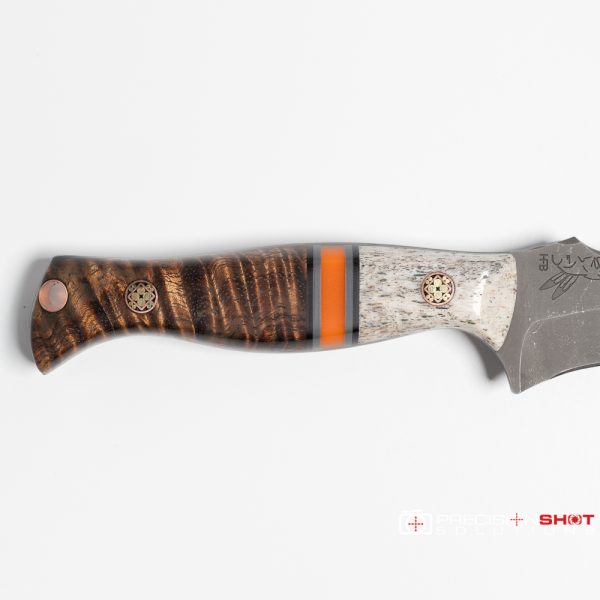Half Face Blades Extremis MK1, Colorado Elk, Black & Gray G10 Pin Striping, Orange G10 Split, Hawaiian Curly Koa - Image 5