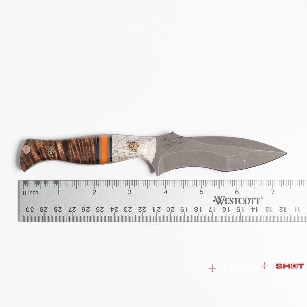 Half Face Blades Extremis MK1, Colorado Elk, Black & Gray G10 Pin Striping, Orange G10 Split, Hawaiian Curly Koa - Image 9