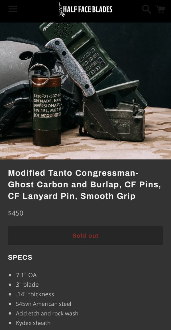 Half Face Blades Modified Tanto Congressman, Ghost Carbon and Burlap, Carbon fiber pins - Image 11