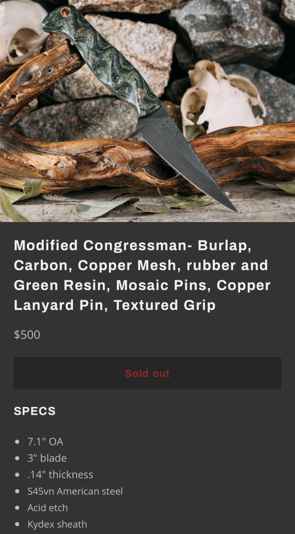 Half Face Blades Modified Congressman, Burlap/carbon/copper mesh/rubber and green resin handles, Mosaic pins - Image 11