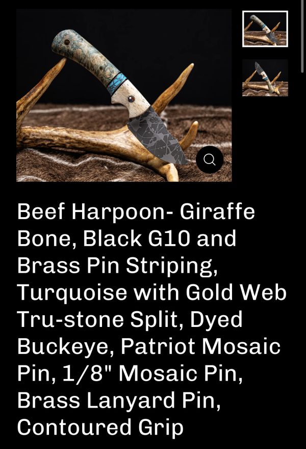 Half Face Blades Beef Harpoon, Giraffe bone/turquoise/dyed buckeye with Patriot pin - Image 15