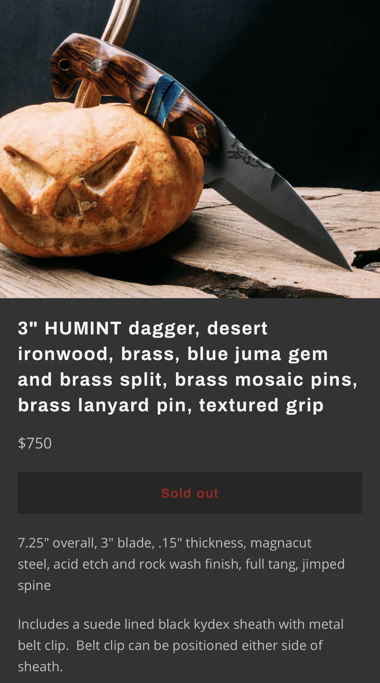 Half Face Blades 3" Humint Dagger, Desert Ironwood/Brass and Blue Juma Gem Split - Image 9