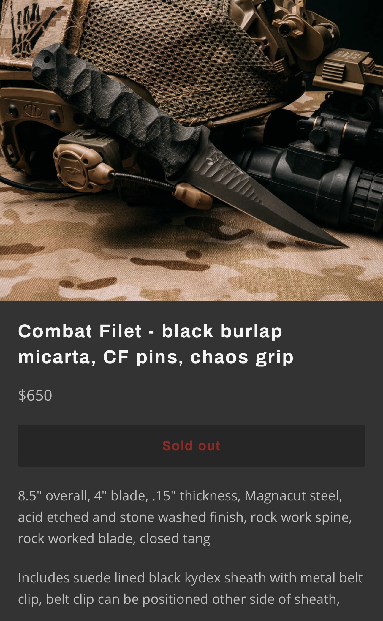 Half Face Blades Combat Fillet, Black Burlap Micarta, Carbon Fiber Pins - Image 9