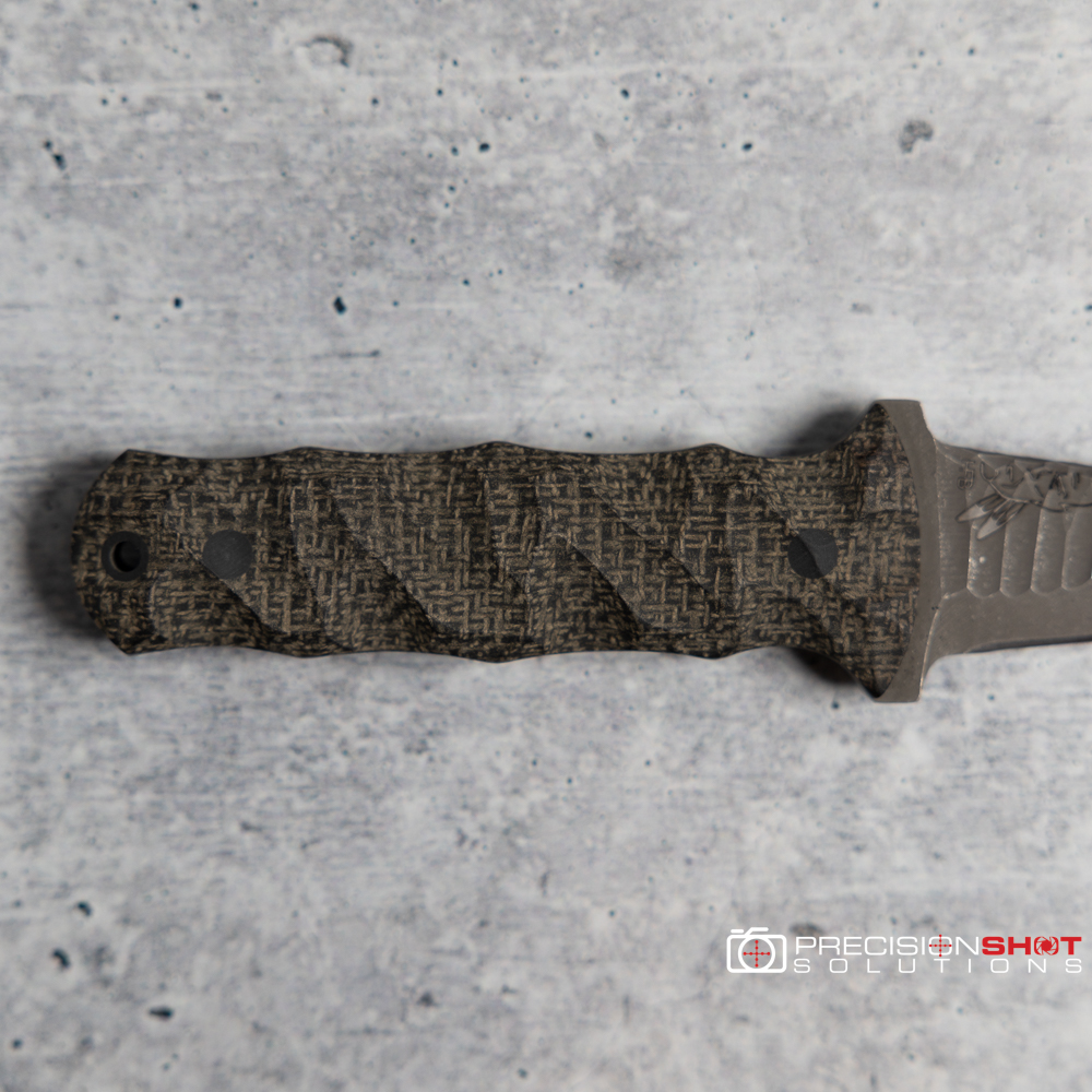 Half Face Blades Combat Fillet, Black Burlap Micarta, Carbon Fiber Pins - Image 3