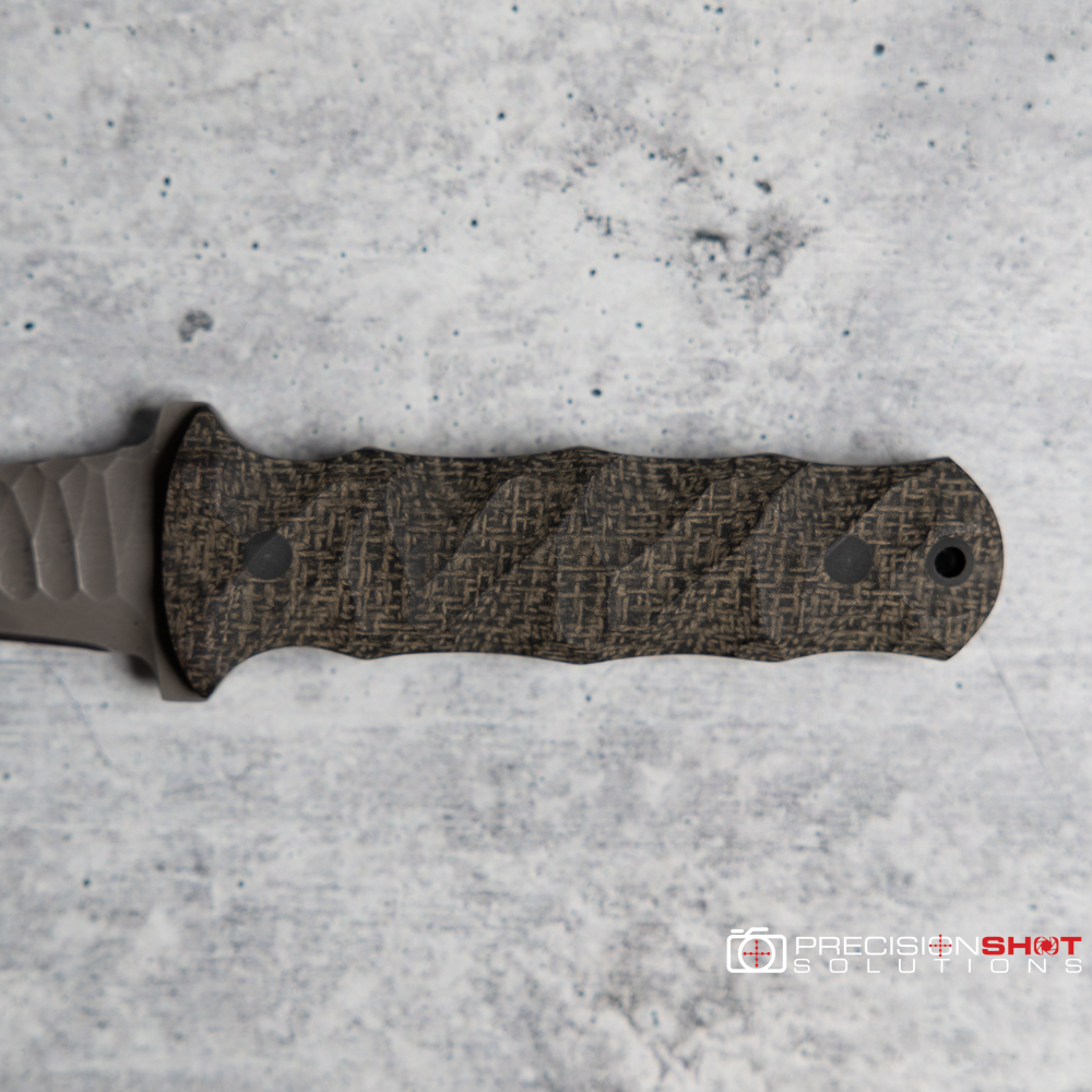 Half Face Blades Combat Fillet, Black Burlap Micarta, Carbon Fiber Pins - Image 5