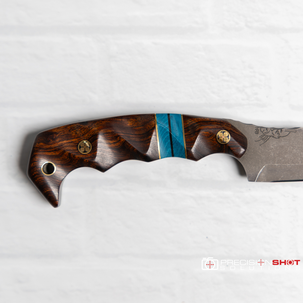 Half Face Blades 3" Humint Dagger, Desert Ironwood/Brass and Blue Juma Gem Split - Image 3