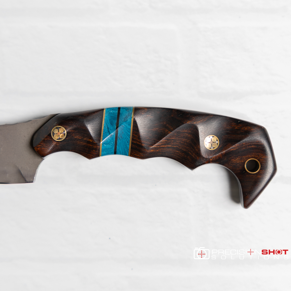 Half Face Blades 3" Humint Dagger, Desert Ironwood/Brass and Blue Juma Gem Split - Image 5