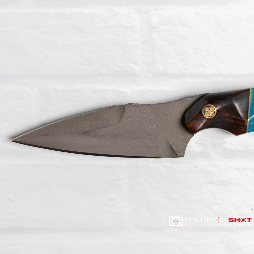 Half Face Blades 3" Humint Dagger, Desert Ironwood/Brass and Blue Juma Gem Split - Image 6