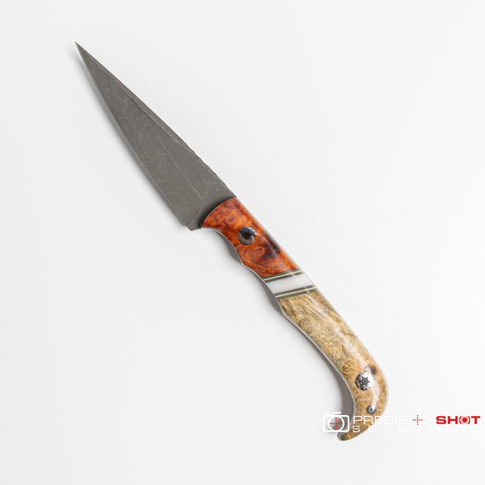 Half Face Blades Slender Man- Amboyna Burl/OD Green and White G10 Pinstriping, White Pearl Resin Split/Buckeye Burl - Image 6
