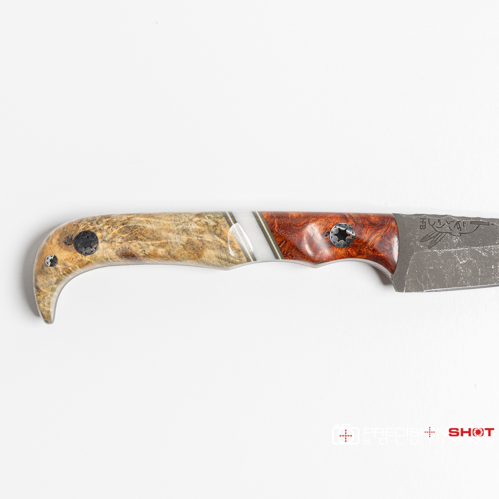 Half Face Blades Slender Man- Amboyna Burl/OD Green and White G10 Pinstriping, White Pearl Resin Split/Buckeye Burl - Image 7