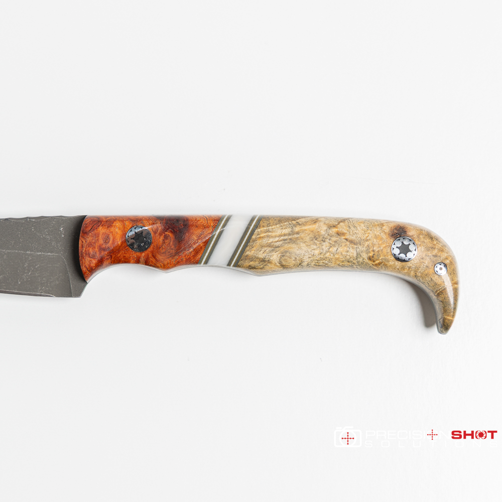Half Face Blades Slender Man- Amboyna Burl/OD Green and White G10 Pinstriping, White Pearl Resin Split/Buckeye Burl - Image 11