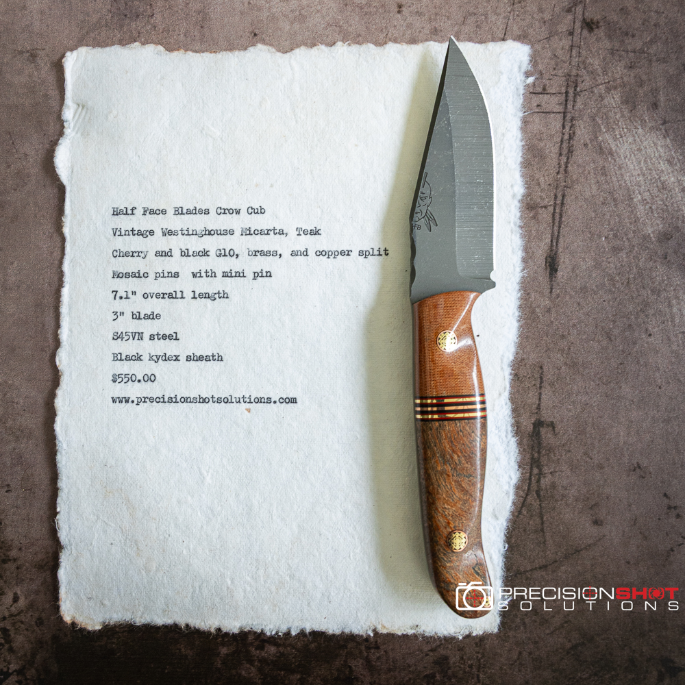 Half Face Blades Crow Cub- Vintage Westinghouse Micarta/Black G10, Cherry G10, Brass, Copper Split/Teak - Image 2