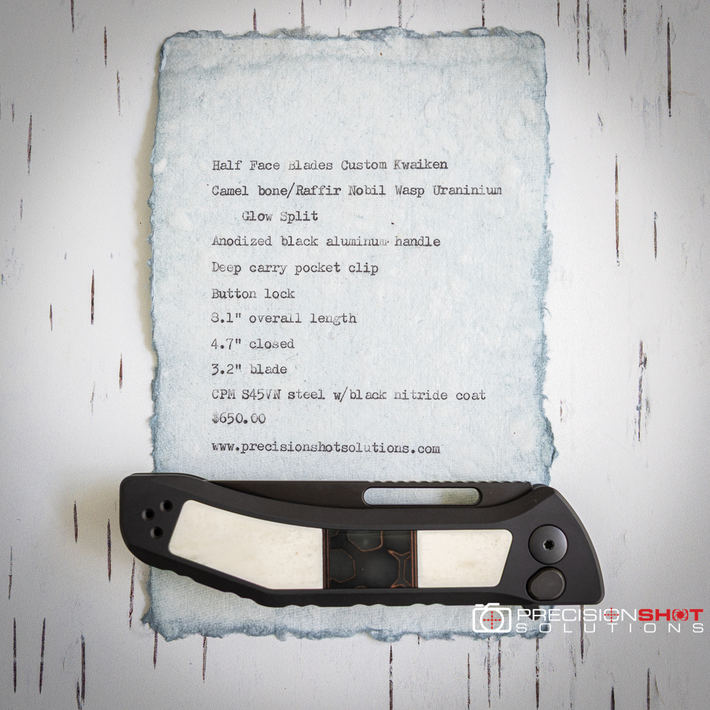 Half Face Blades Kwaiken Folder- Camel Bone with Rafir Nobil Wasp Uranium Glow split - Image 3