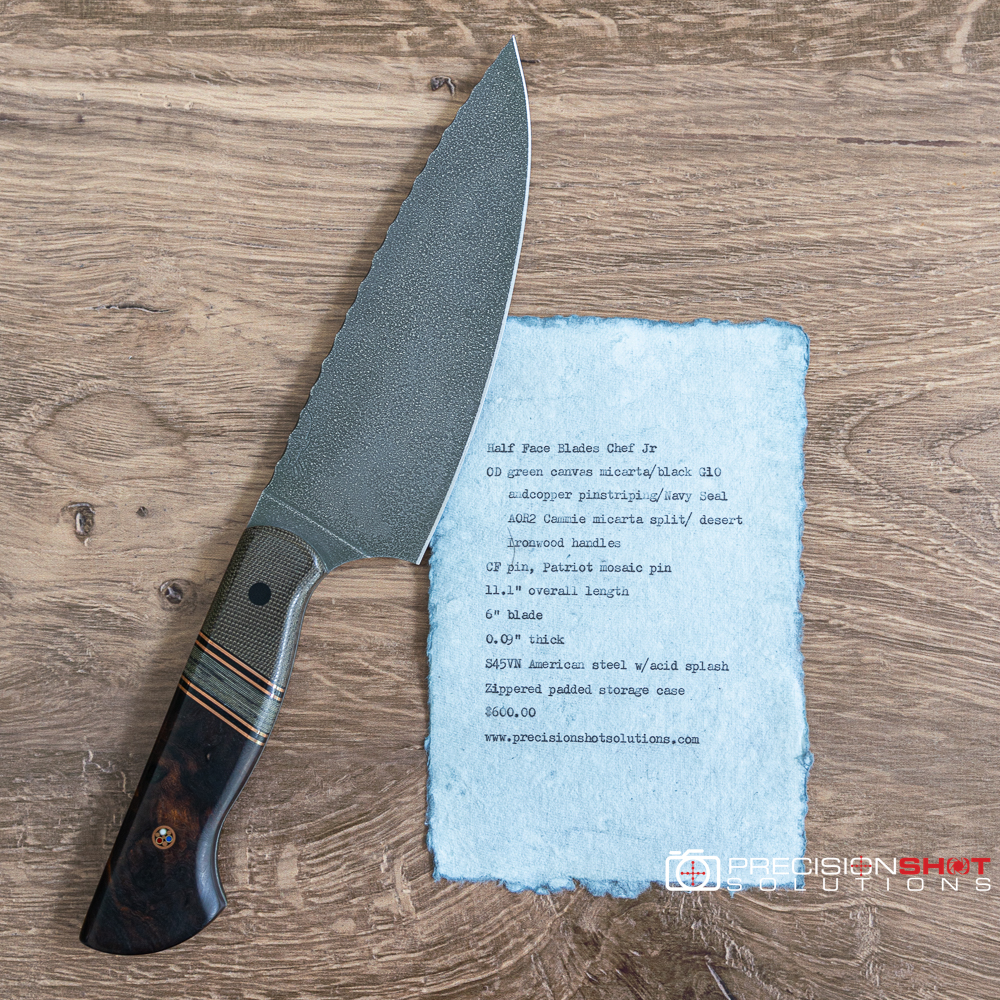 Half Face Blades Chef Jr- OD Green Canvas Micarta/Navy Seal AOR2 Micarta/Desert Ironwood - Image 2